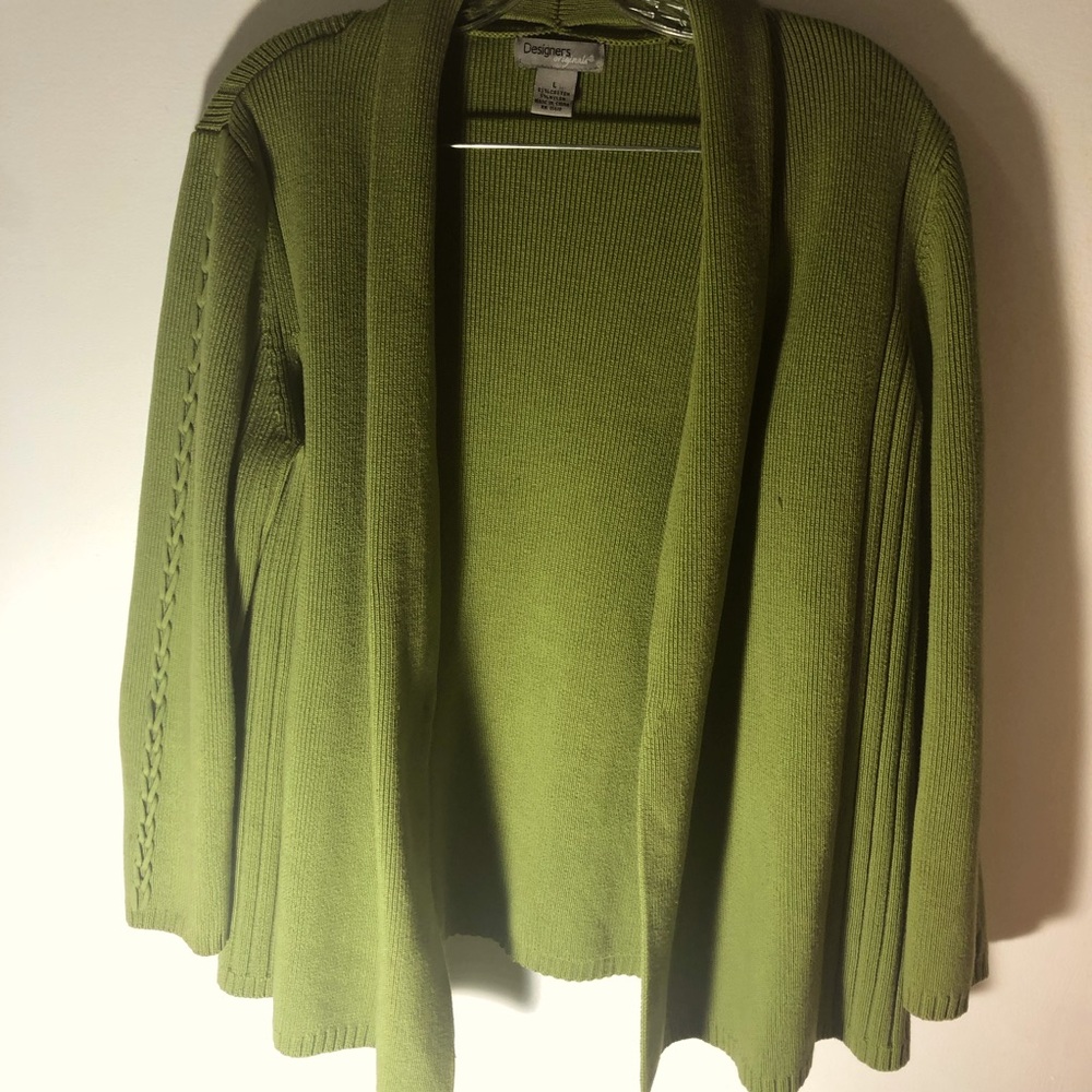 Sweater, lime, green, with designer, rope sleeve, 17 inches long size large